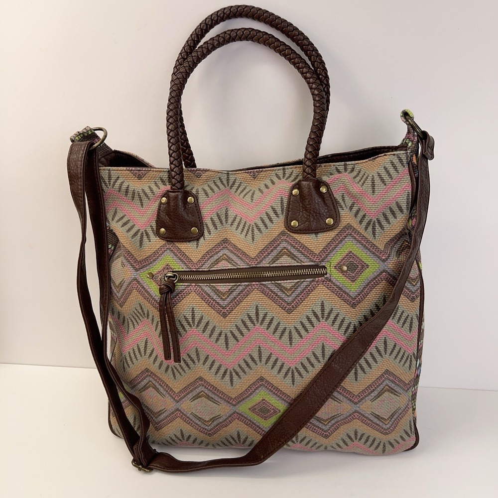 T-SHIRT & JEANS Shoulder Tote Canvas Faux Leather Crossbody Overnight Travel Bag